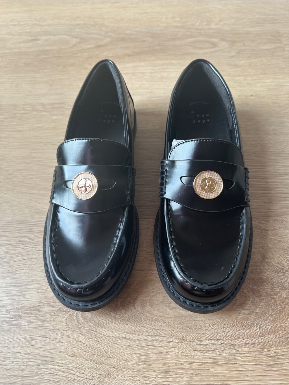 a new day Black Patent Loafers with Gold Button Detail